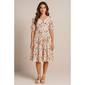 St Johns Bay Dress Womens Petite PXL Eyelets Puff Sleeve Floral Tiered Romantic